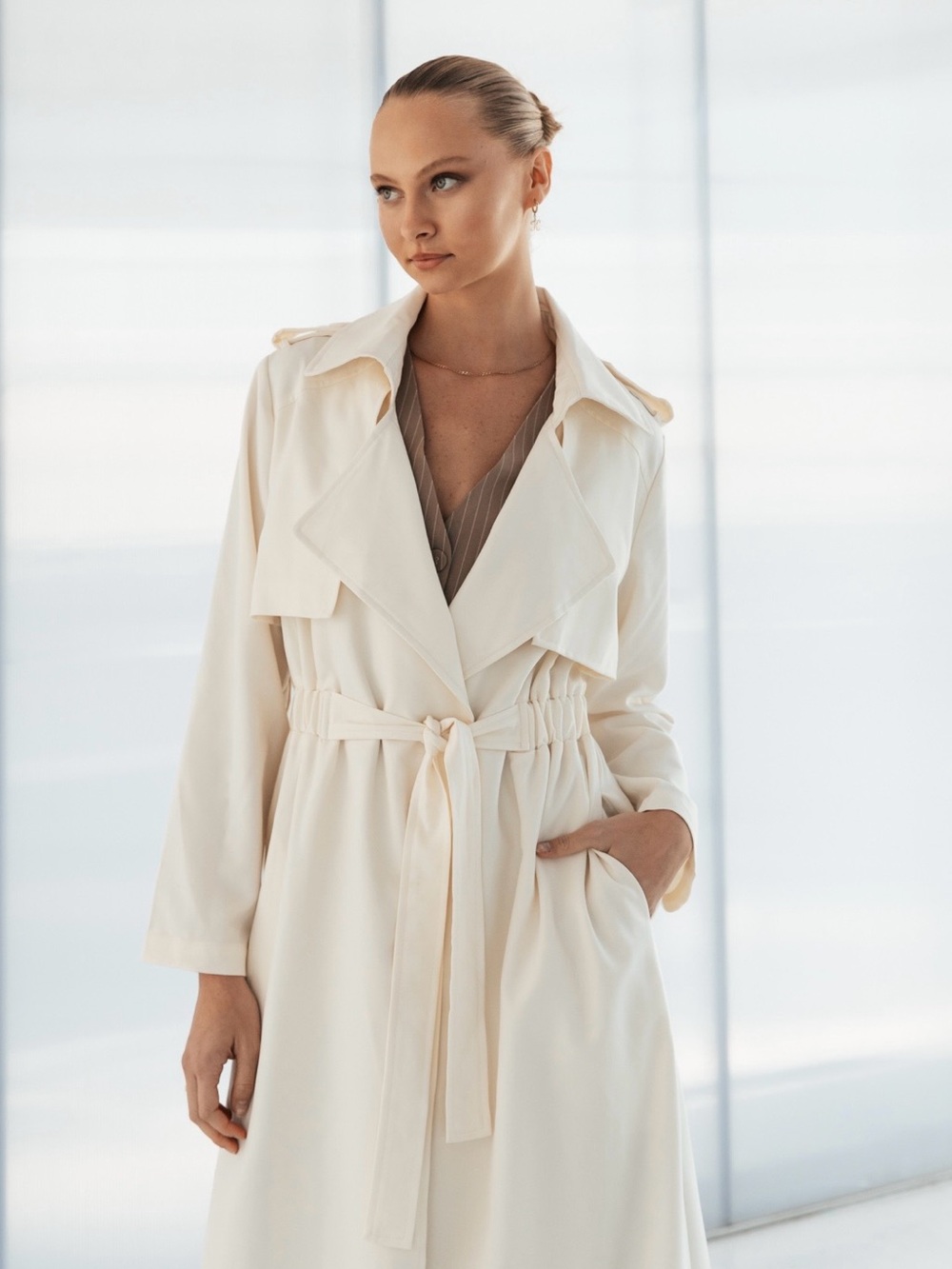 Elegant Cream Trench Coat with Tie Waist